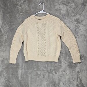 J Crew Cream Cable Knit Pom Detail Sweater Womens Large Wool Blend Chunky Preppy